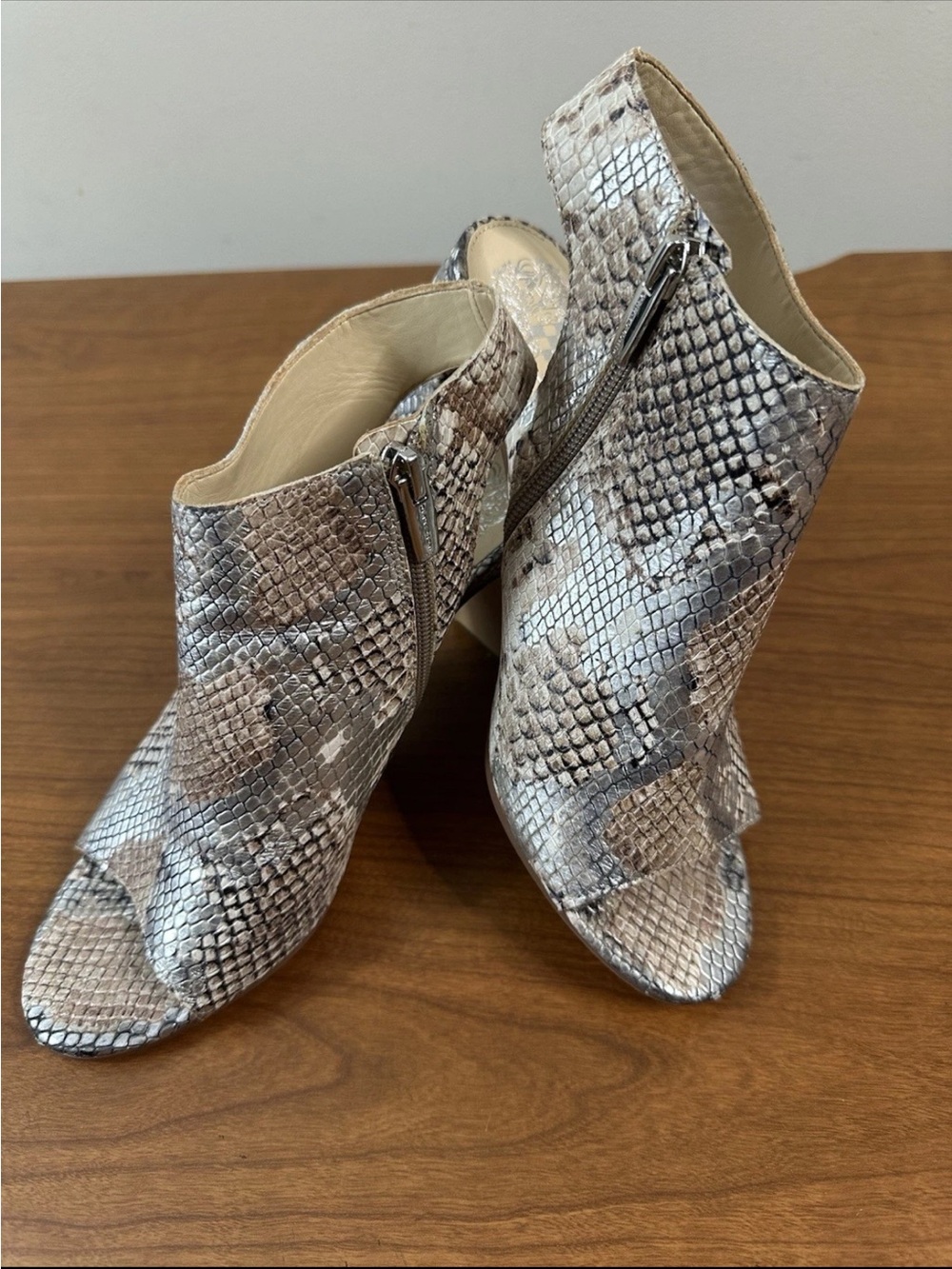 Vince Camuto Snake-Print Peep Toe Booties in Taupe and Gray, size 7.5